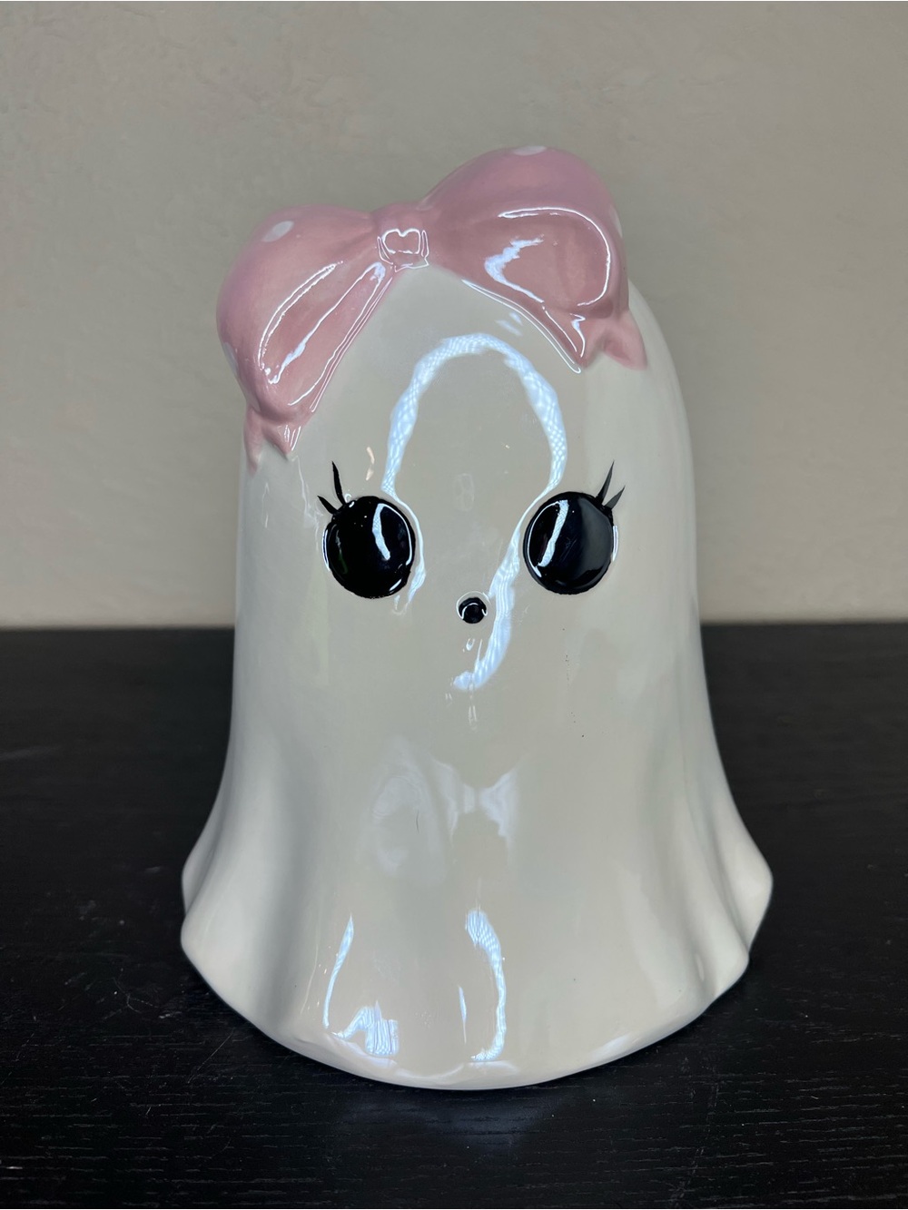 NEW 8” Halloween Ceramic Girl Ghost with Pink Bow Decor